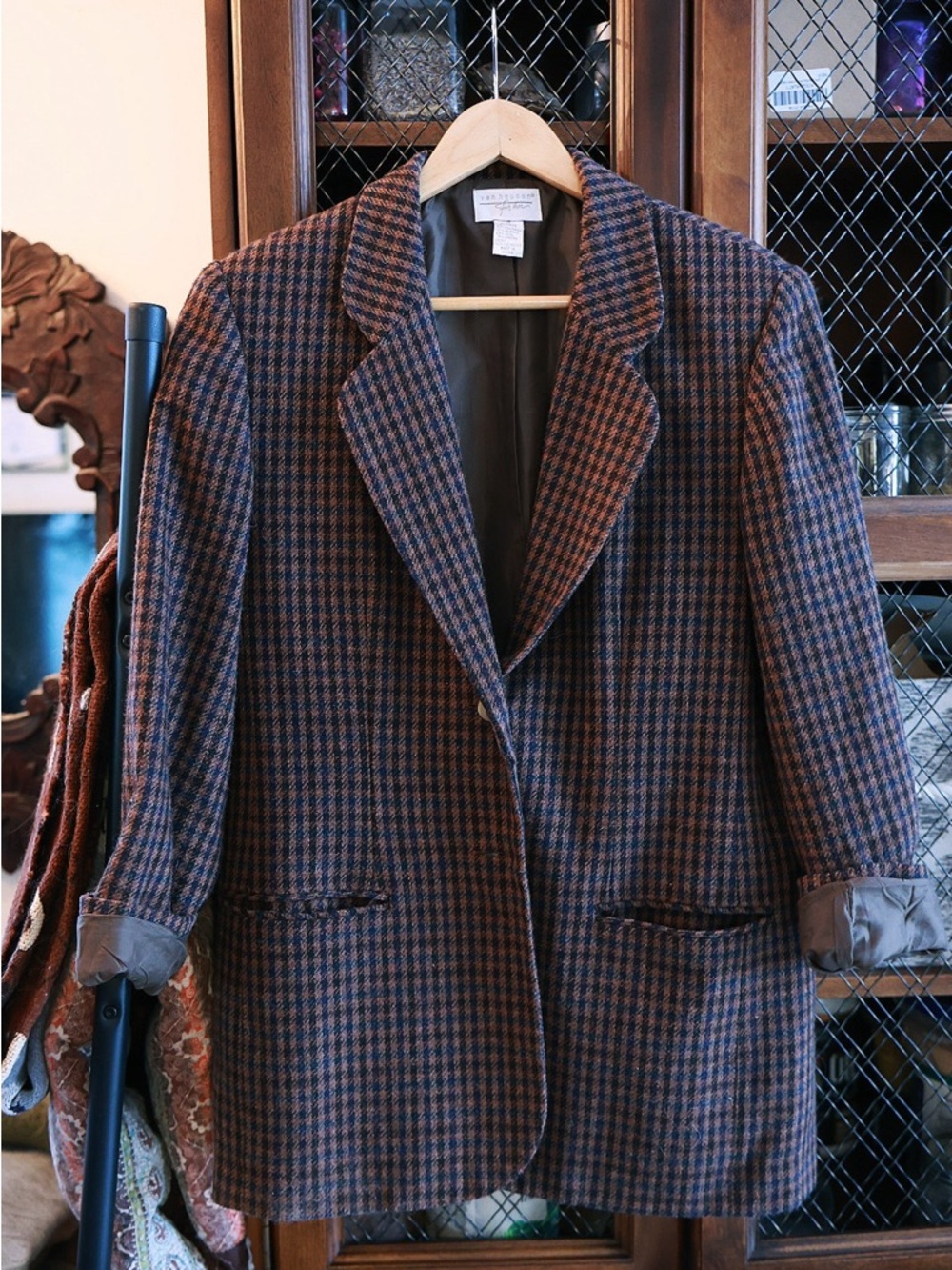 VINTAGE Houndstooth Blazer Jacket in Brown and Blue